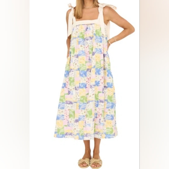 AUREUM Dresses & Skirts - AUREUM Patchwork Embroidered Midi Dress In Cream Multi In Green